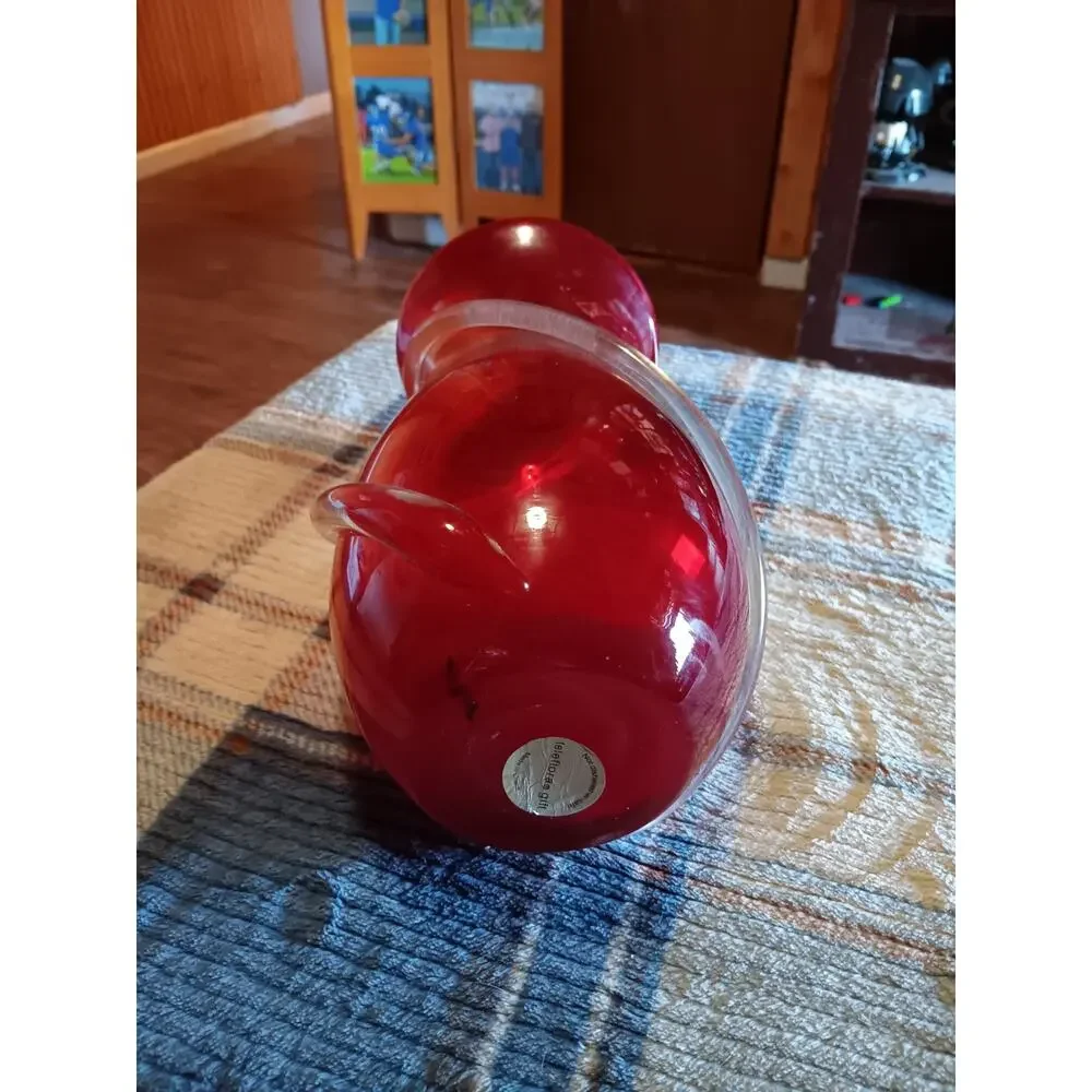 vintage ruby red glass vase applied clear swirl Handblown 91/2”